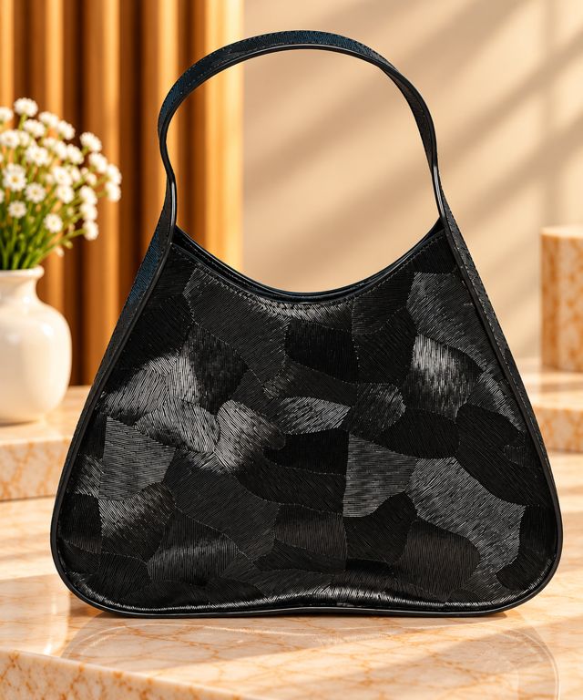 Black textured hobo bag
