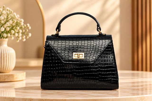 Black croc-embossed top-handle bag