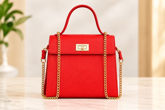 Red top-handle bag with chain