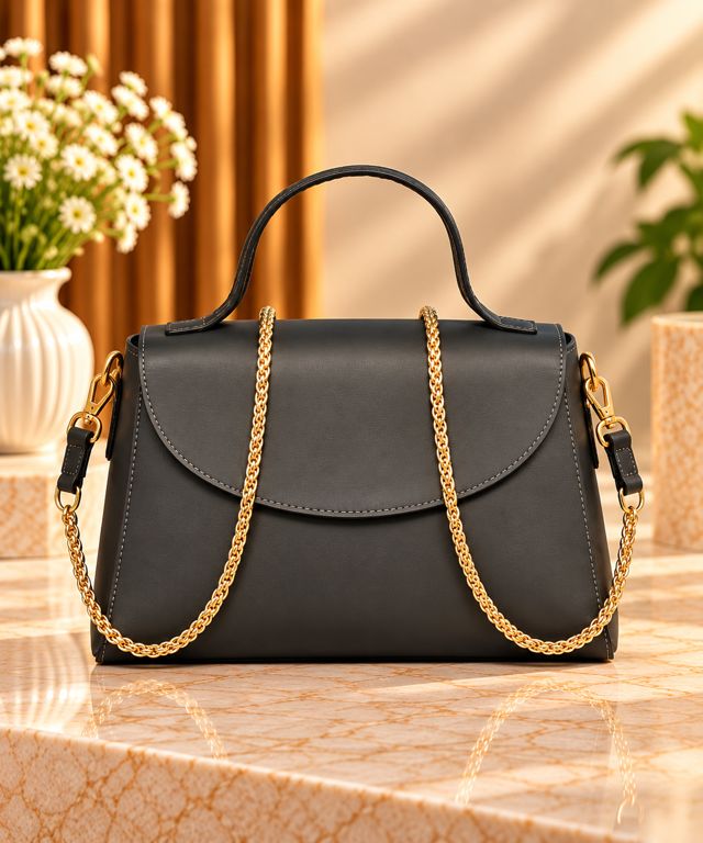 Black satchel with gold chains