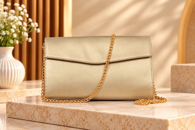 Gold envelope clutch with chain